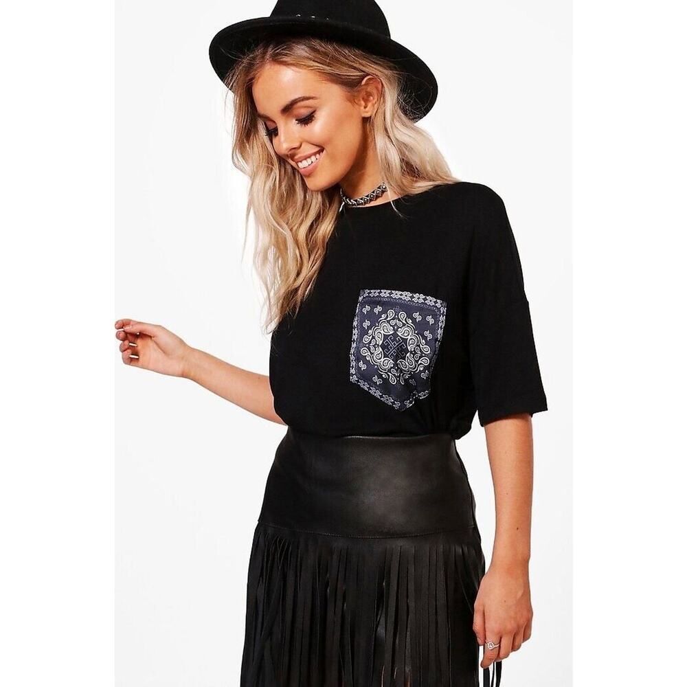 Black Short Sleeve Oversized Bandana Pocket Tee T-shirt Casual Stretch Boho 6 M